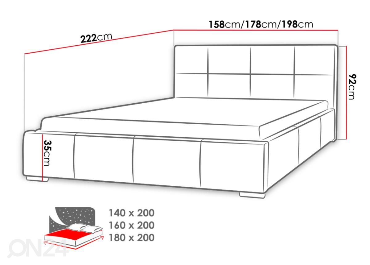 Sänky ylösnostettavalla pohjalla 140x200 cm kuvasuurennos mitat