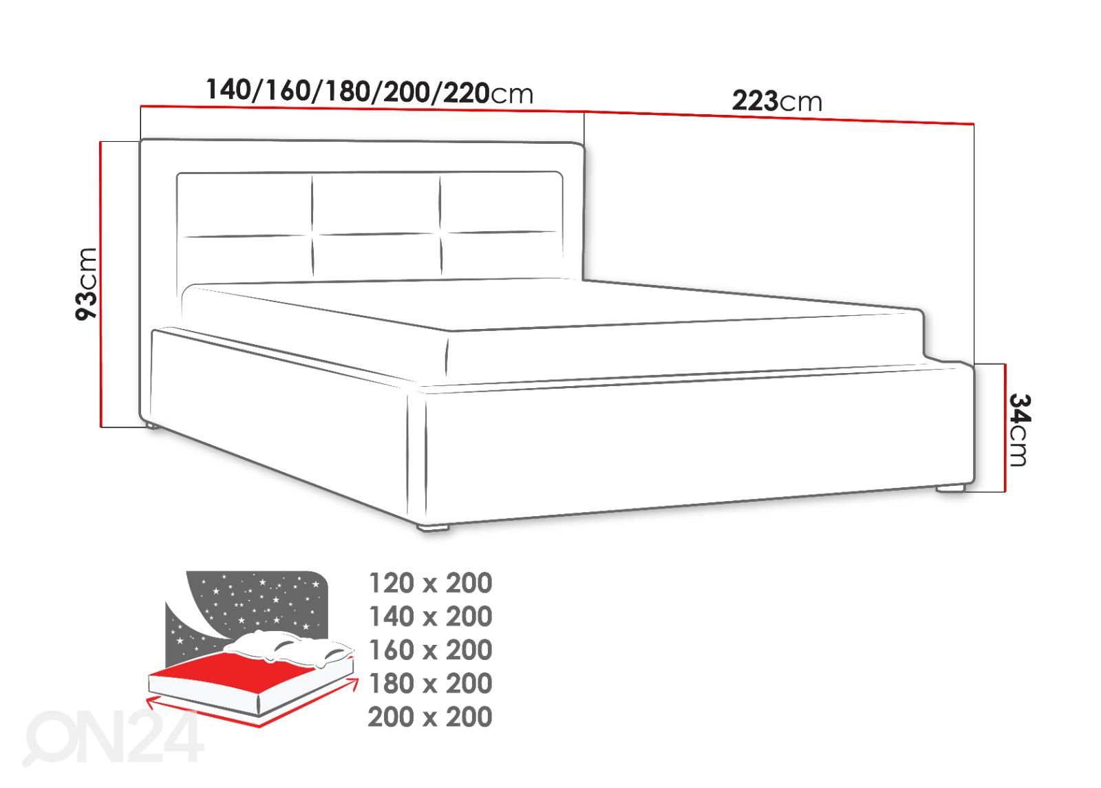 Sänky ylösnostettavalla sängynpohjalla 120x200 cm kuvasuurennos mitat