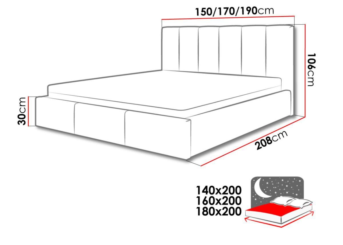 Sänky ylösnostettavalla sängynpohjalla 140x200 cm kuvasuurennos mitat