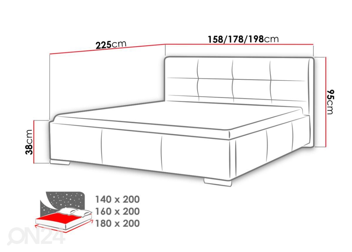 Sänky ylösnostettavalla sängynpohjalla 140x200 cm kuvasuurennos mitat