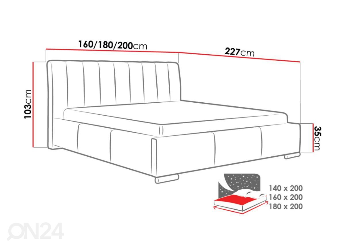 Sänky ylösnostettavalla sängynpohjalla 140x200 cm kuvasuurennos mitat