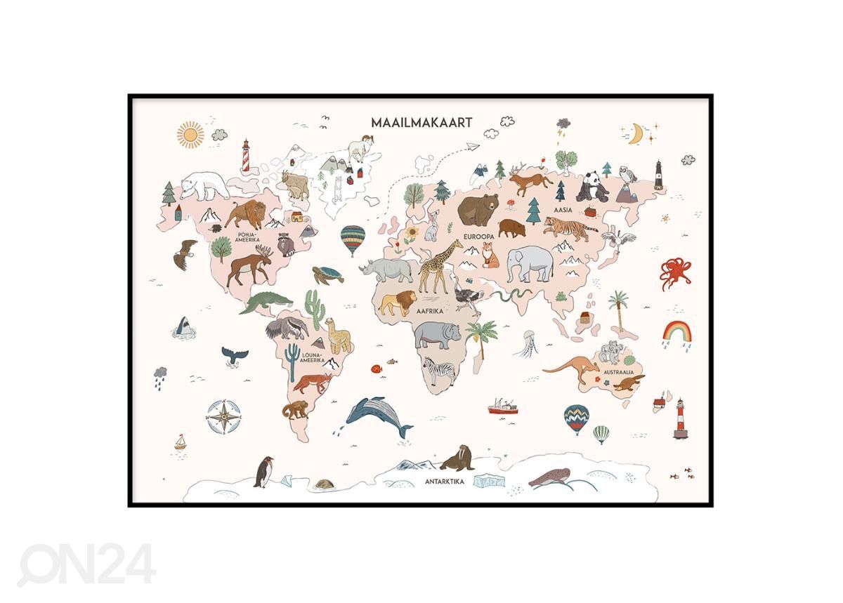 Seinäjuliste Maailmankartta 21x30 cm valkoisella pohjalla kuvasuurennos