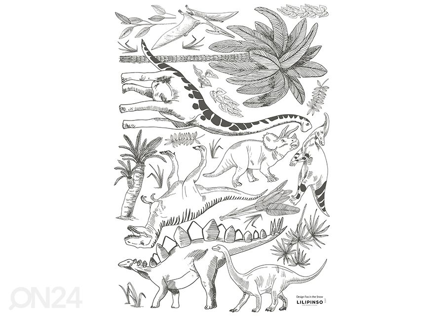 Seinätarra Dinosaurus, musta/valkoinen kuvasuurennos