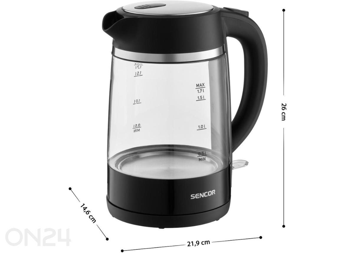 Sencor SWK2711BK -vedenkeitin lasirungolla kuvasuurennos mitat