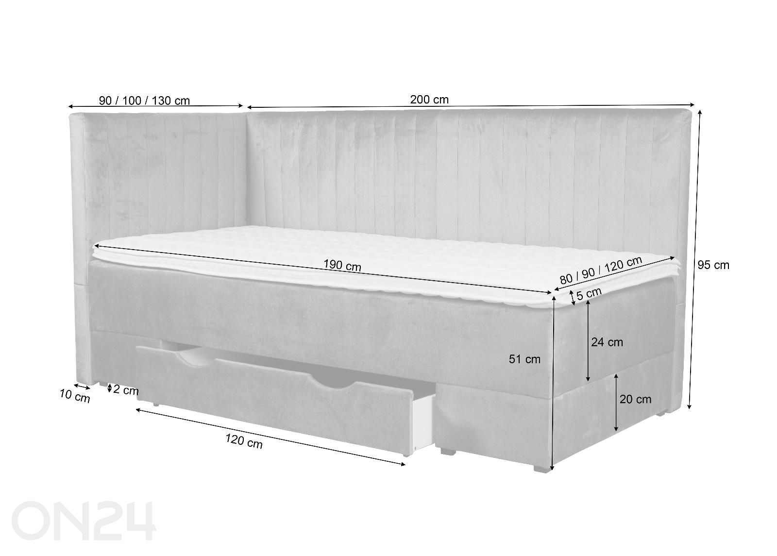 Sime Beds jenkkisänky vuodevaatelaatikolla Nora 80x190 cm kuvasuurennos mitat