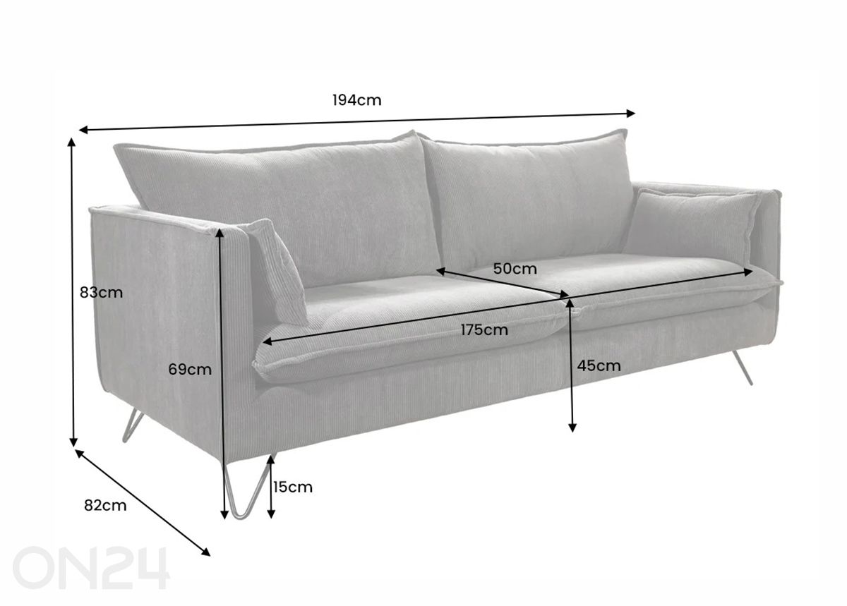 Sohva Rocco 194 cm kuvasuurennos mitat