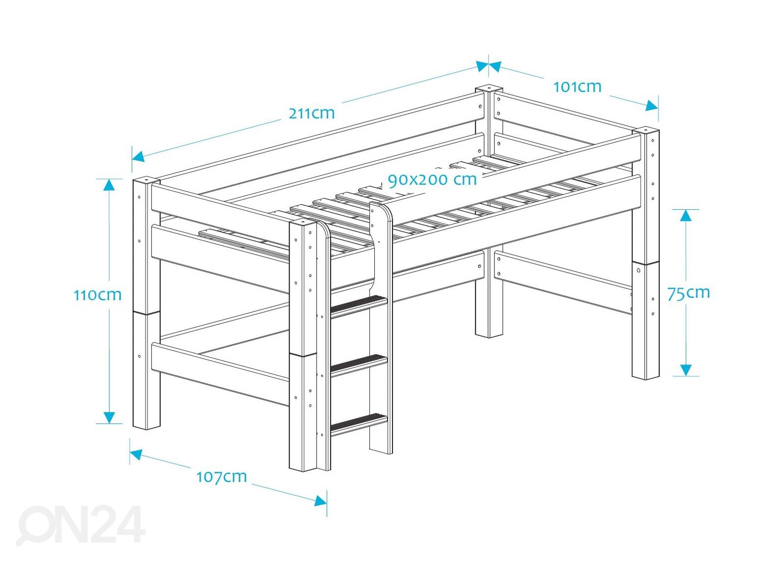 Suwem puoliparvisänky Lahe pystytikkailla 90x200 cm kuvasuurennos mitat