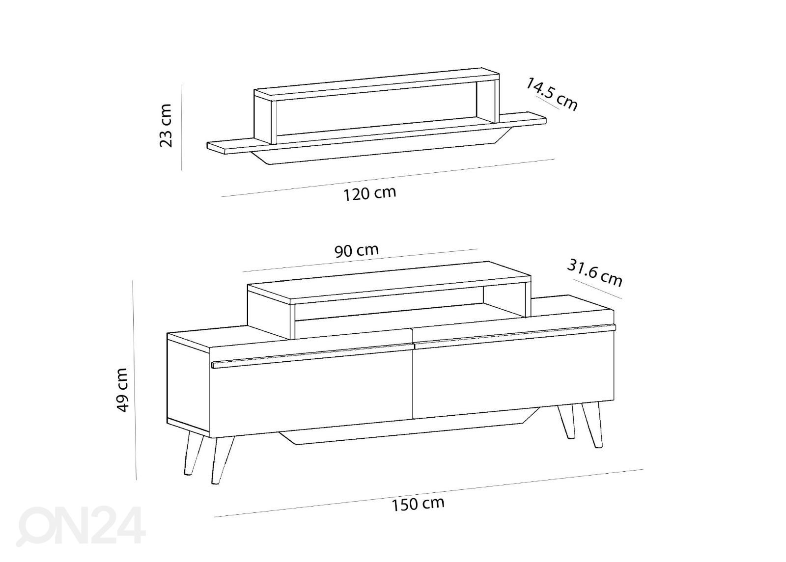 TV-taso 150 cm + seinähylly kuvasuurennos mitat