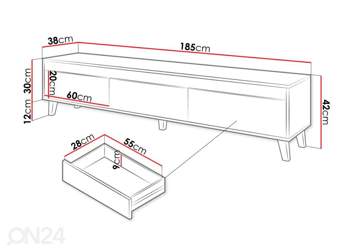 TV-taso East 185 cm kuvasuurennos mitat