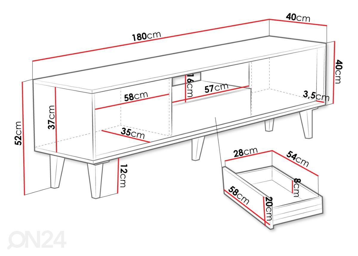 TV-taso Ferido 180 cm kuvasuurennos mitat