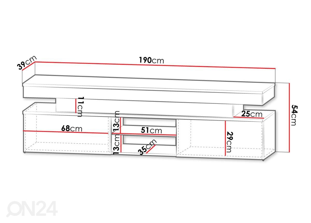TV-taso Glossa 190 cm + LED kuvasuurennos mitat