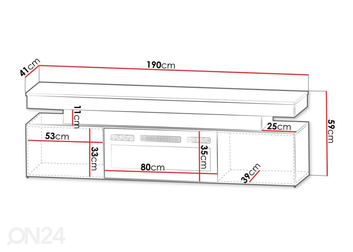 TV-taso Glossa 190 cm + sähkötakka + LED kuvasuurennos mitat