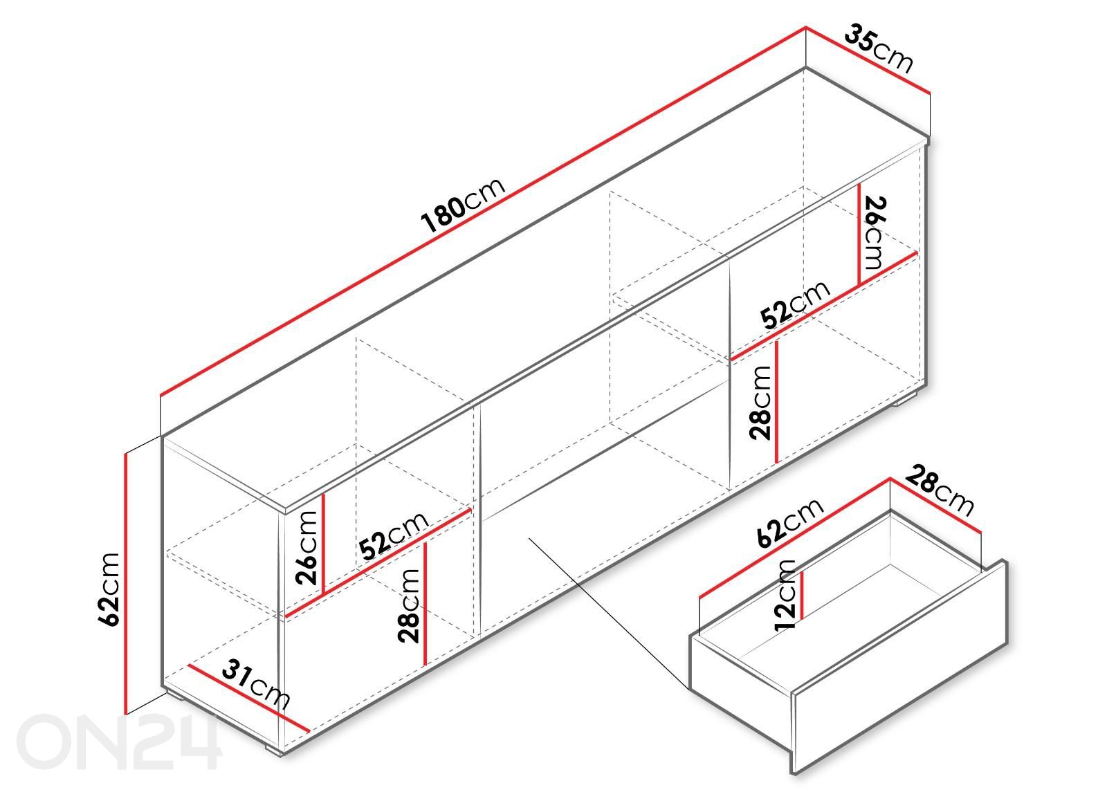 TV-taso Vera 180 cm + LED kuvasuurennos mitat