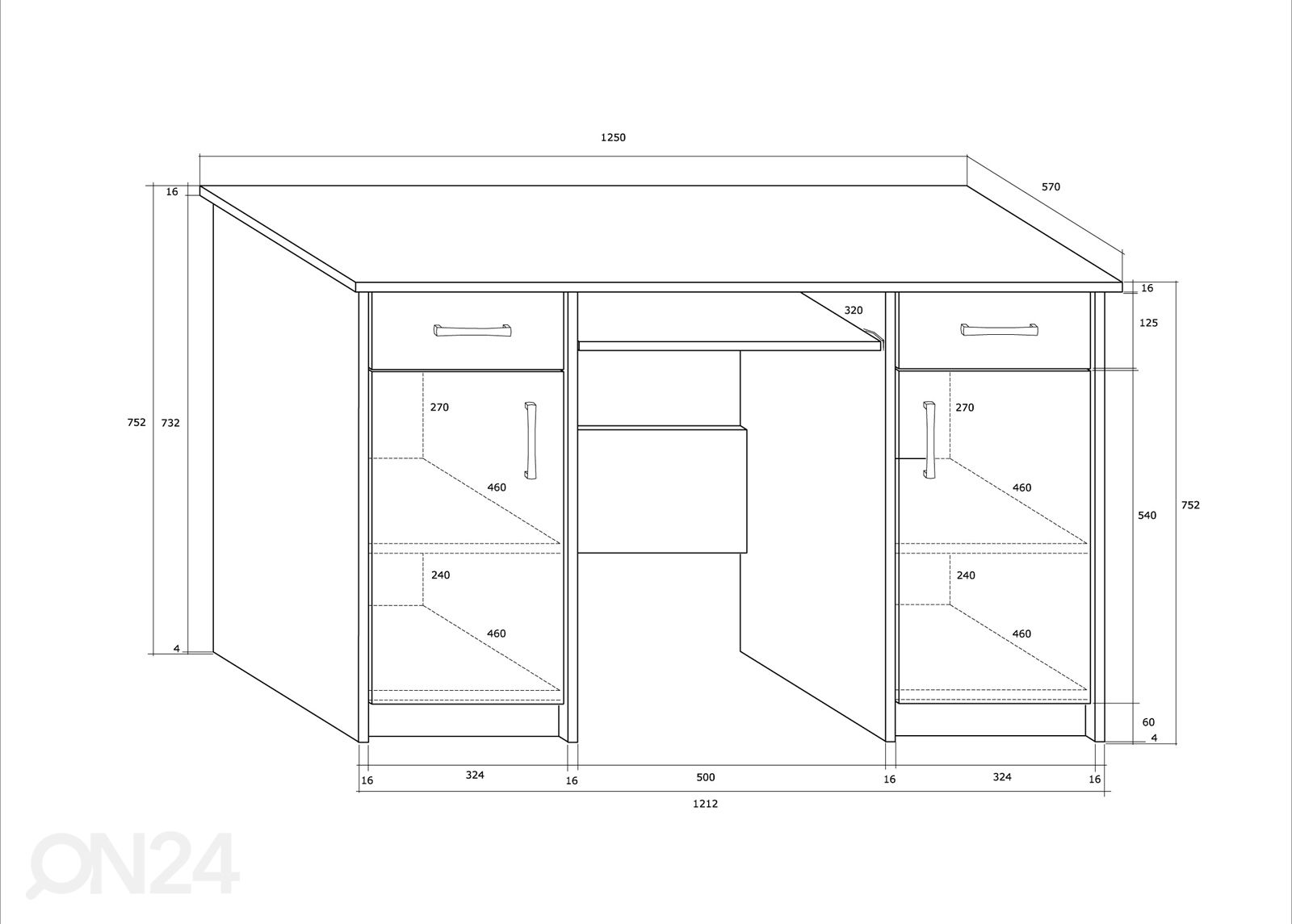 Työpöytä 125 cm kuvasuurennos mitat
