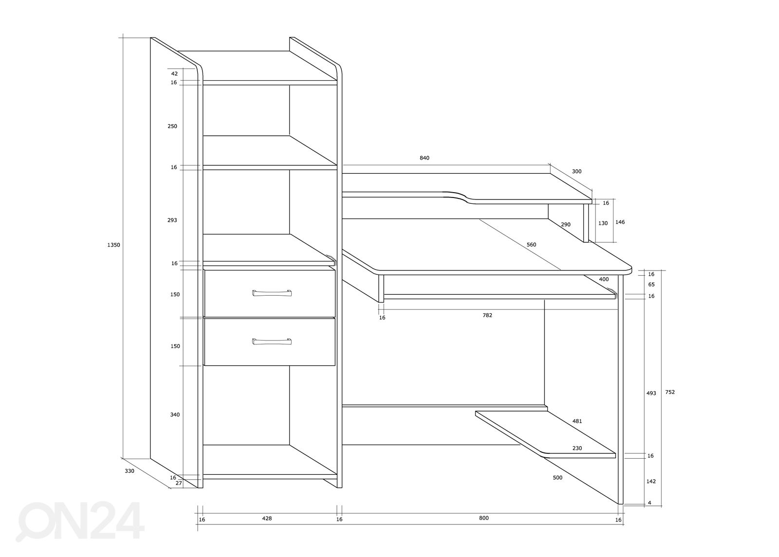 Työpöytä 126 cm kuvasuurennos mitat