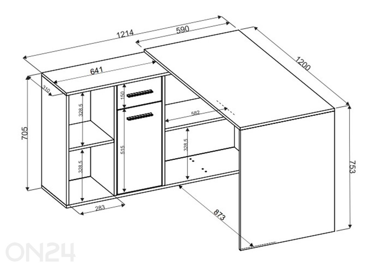 Työpöytä lipastolla 122 cm kuvasuurennos mitat