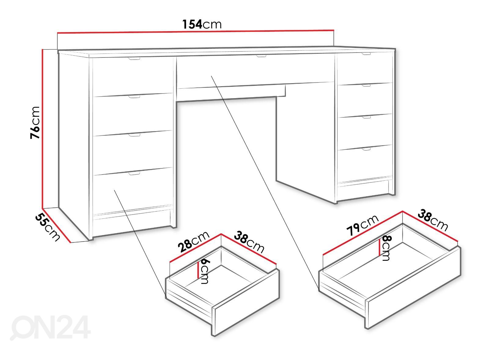 Työpöytä / meikkipöytä Tireno 154 cm kuvasuurennos mitat