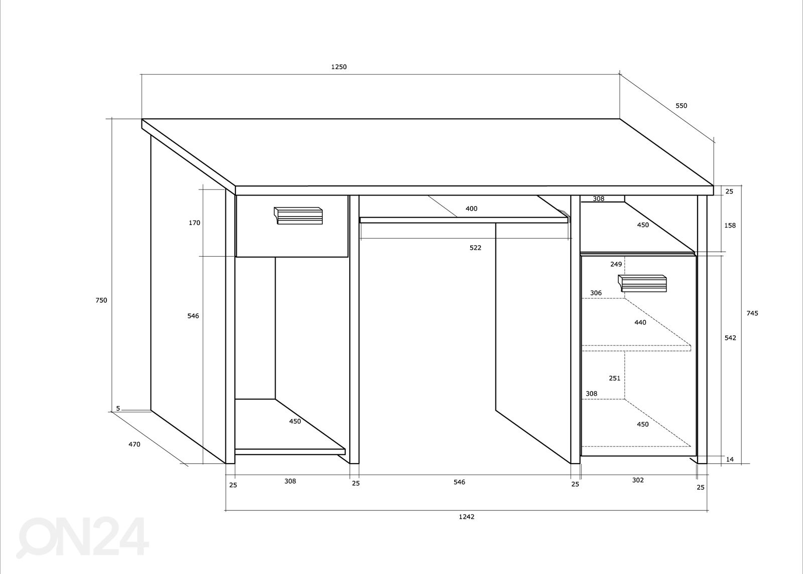 Työpöytä Ville 125 cm kuvasuurennos mitat