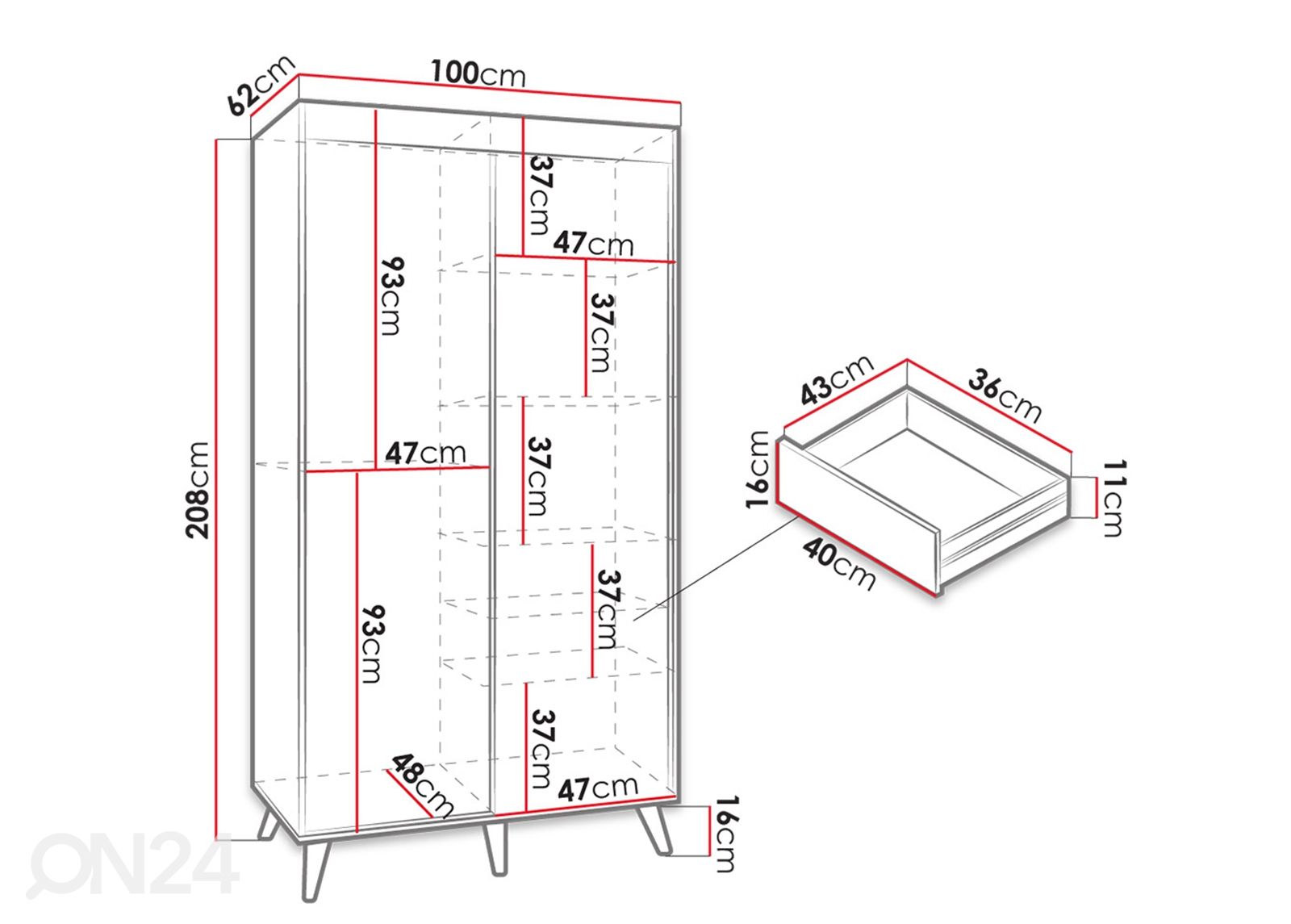 Vaatekaappi 100 cm kuvasuurennos mitat
