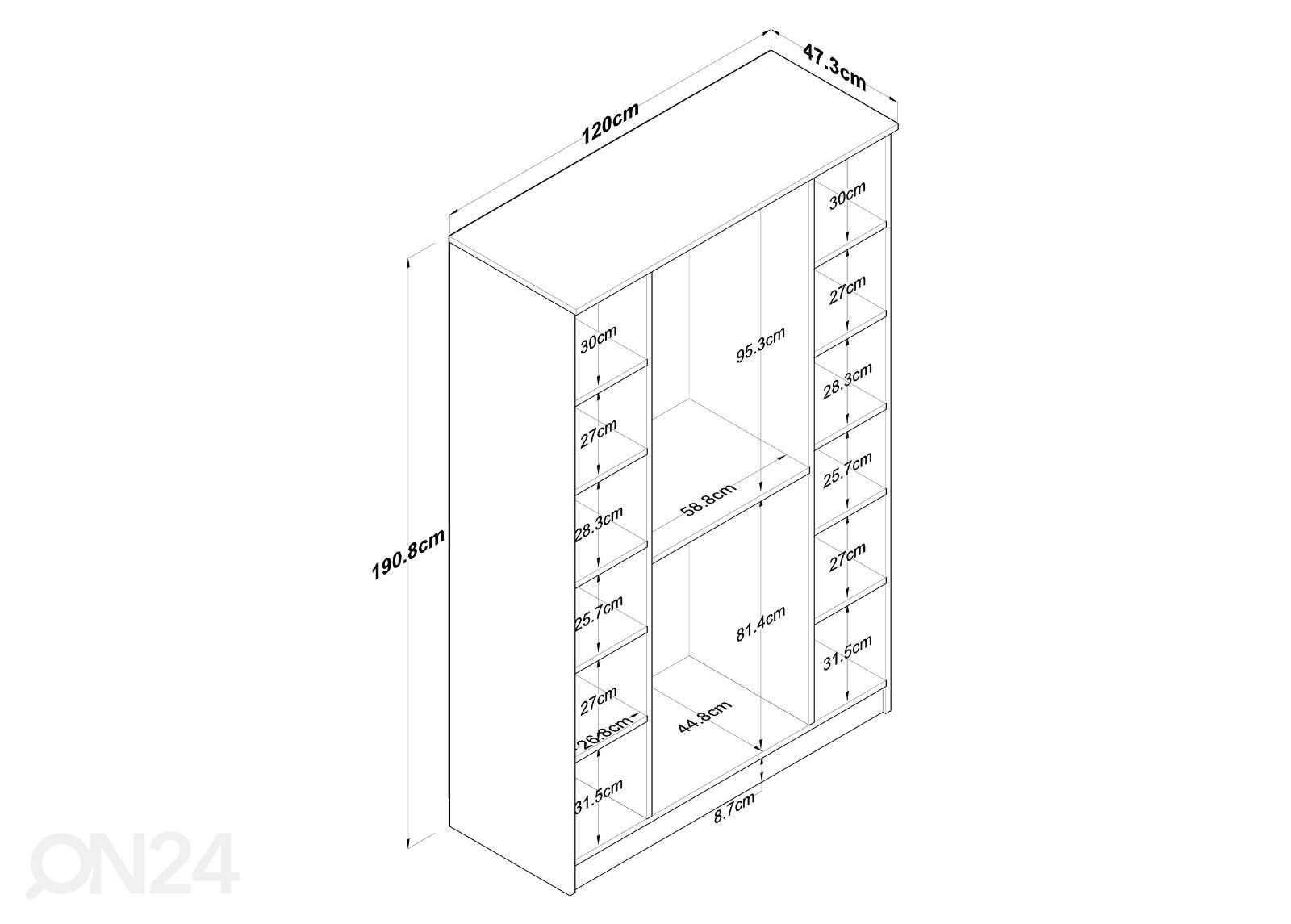 Vaatekaappi 120 cm kuvasuurennos mitat