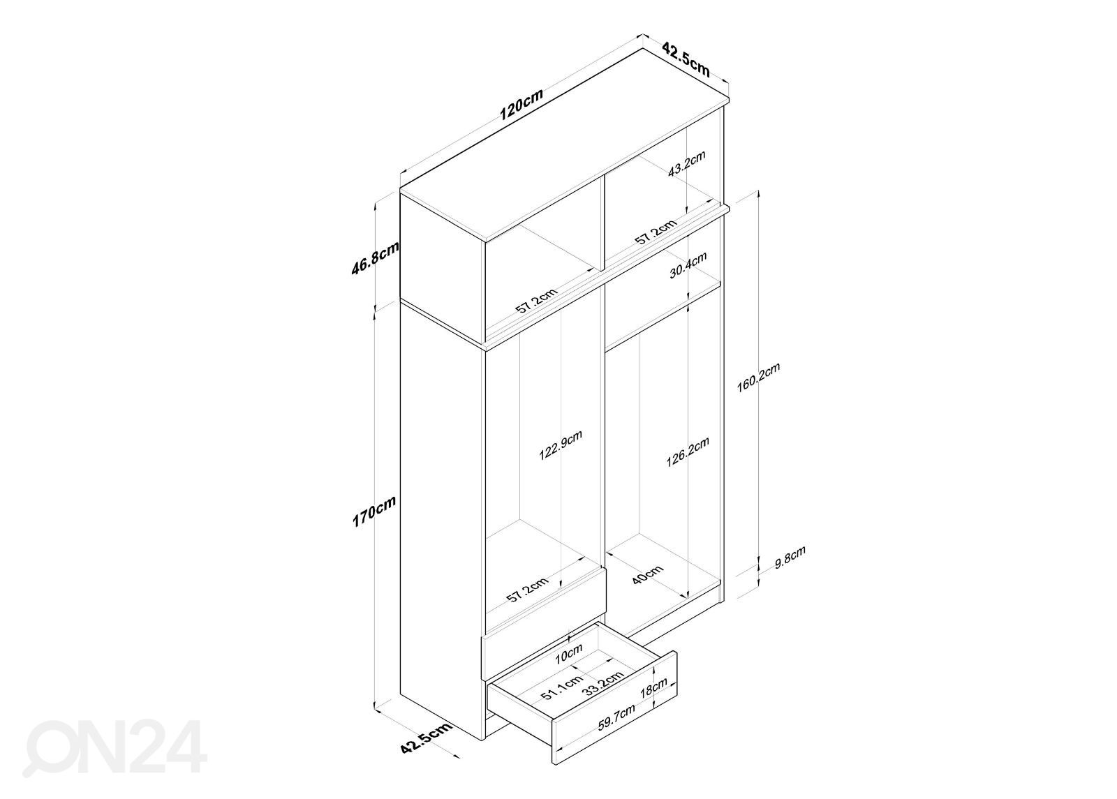 Vaatekaappi 120 cm kuvasuurennos mitat