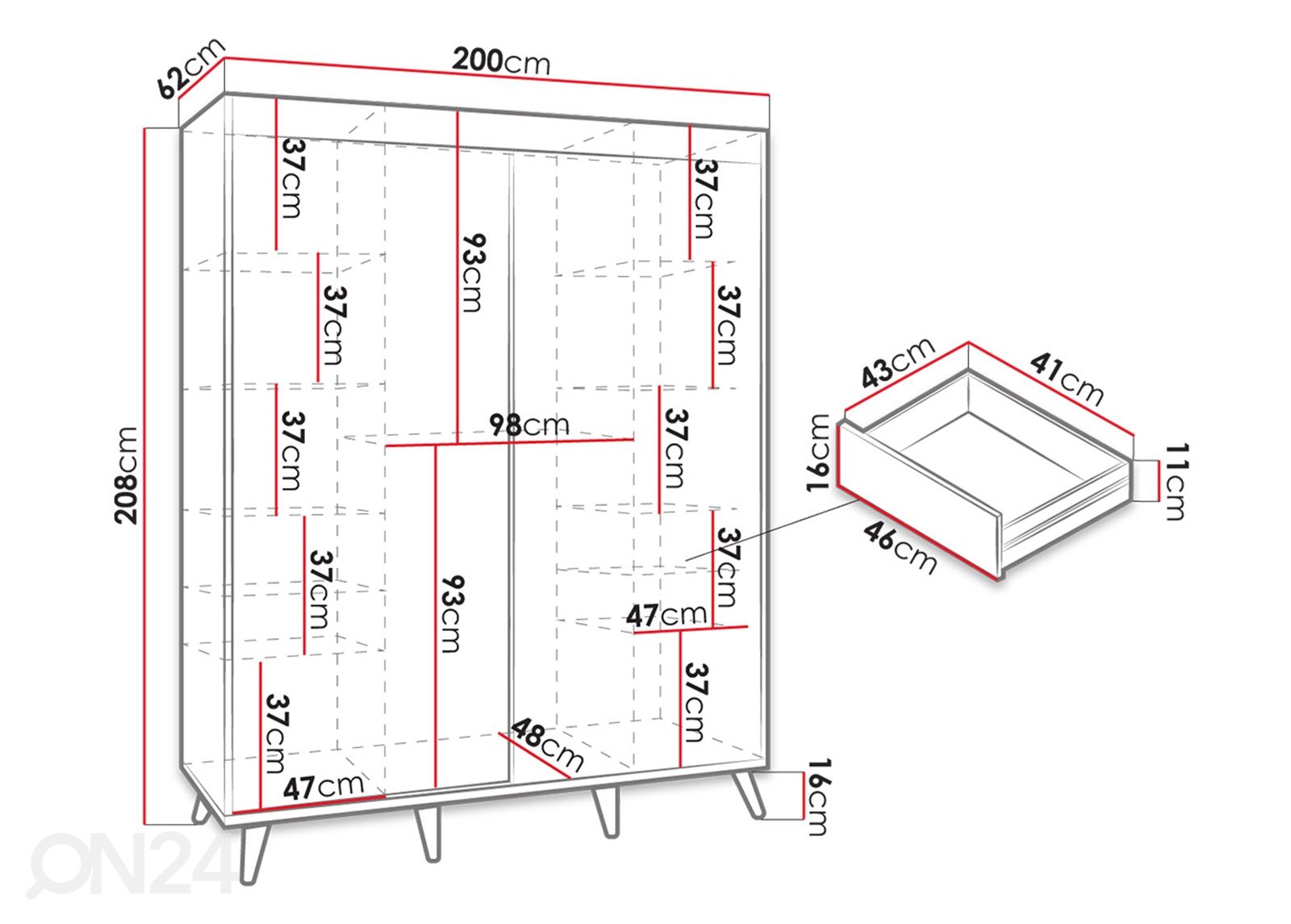 Vaatekaappi 200 cm kuvasuurennos mitat