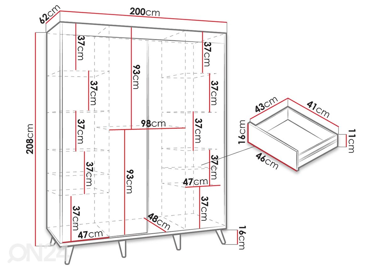 Vaatekaappi 200 cm kuvasuurennos mitat