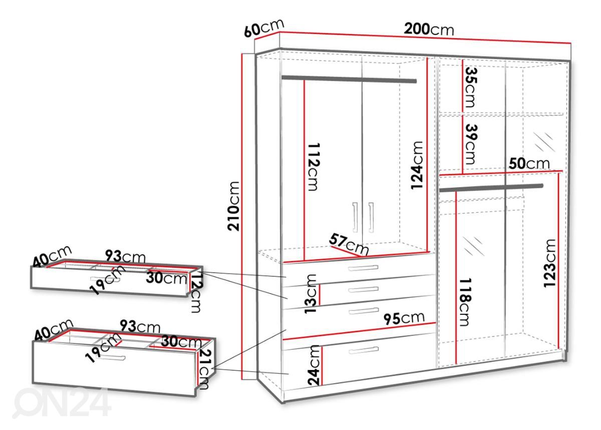 Vaatekaappi 200 cm kuvasuurennos mitat