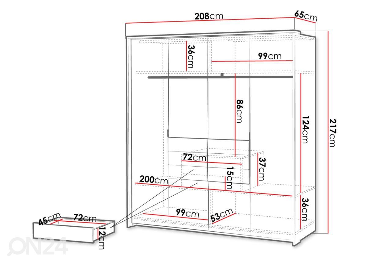 Vaatekaappi 208 cm kuvasuurennos mitat