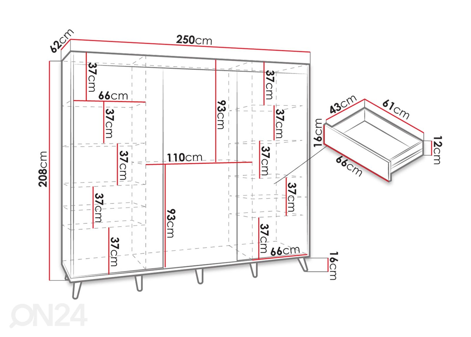 Vaatekaappi 250 cm kuvasuurennos mitat