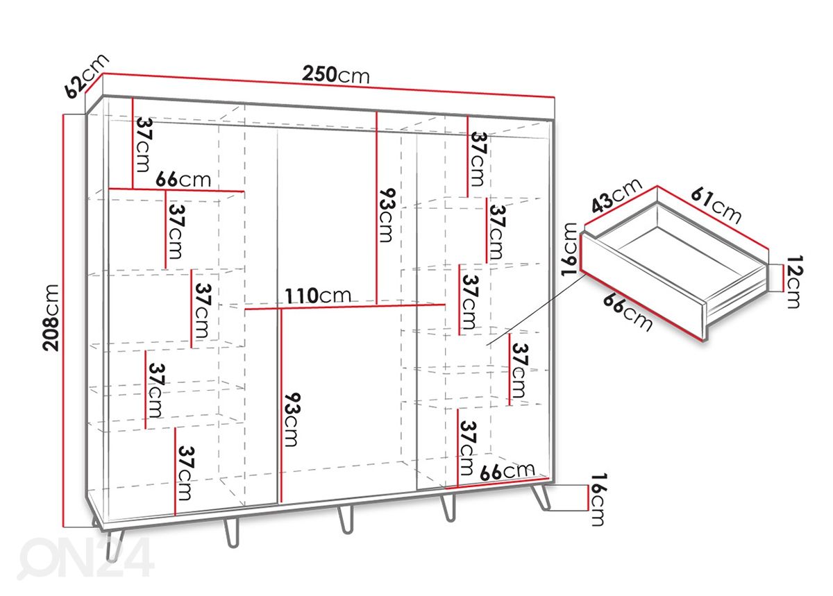 Vaatekaappi 250 cm kuvasuurennos mitat