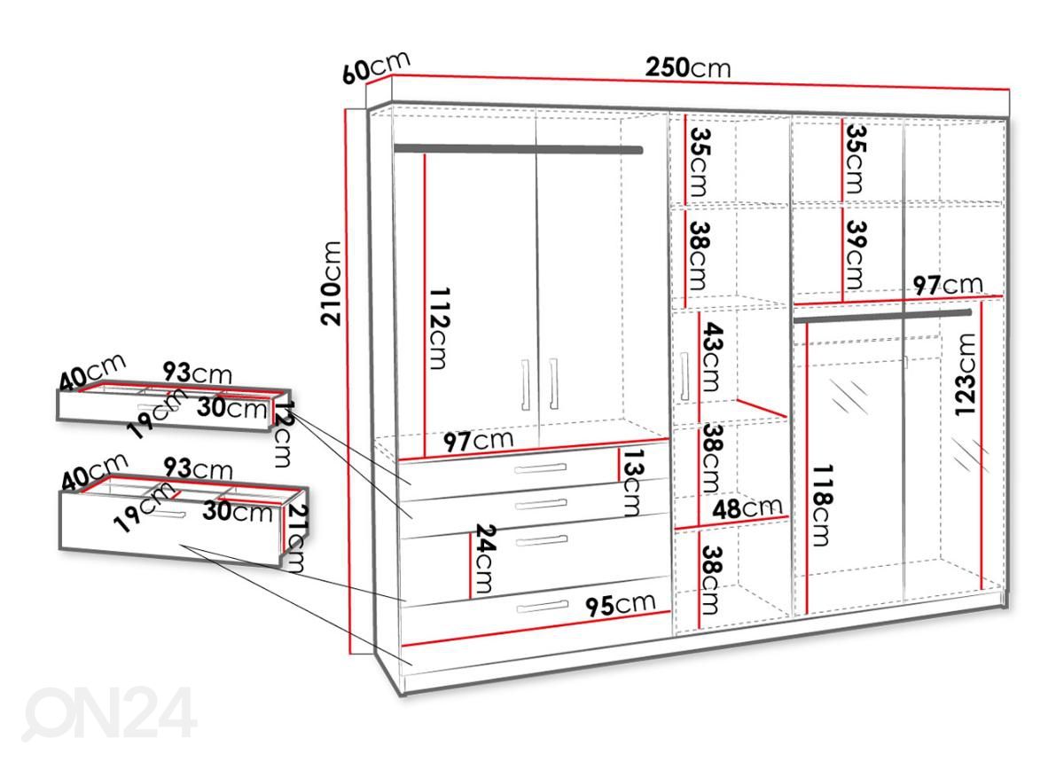 Vaatekaappi 250 cm kuvasuurennos mitat