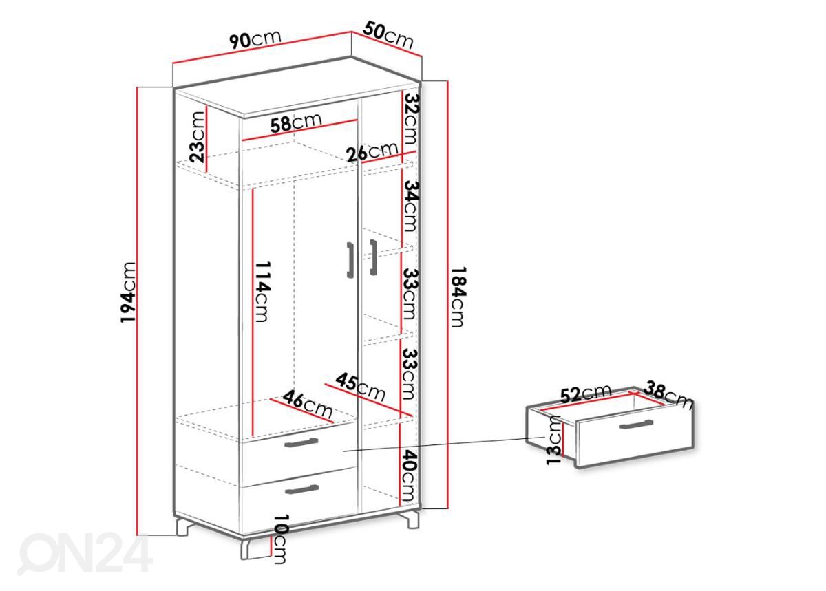 Vaatekaappi 90 cm kuvasuurennos mitat