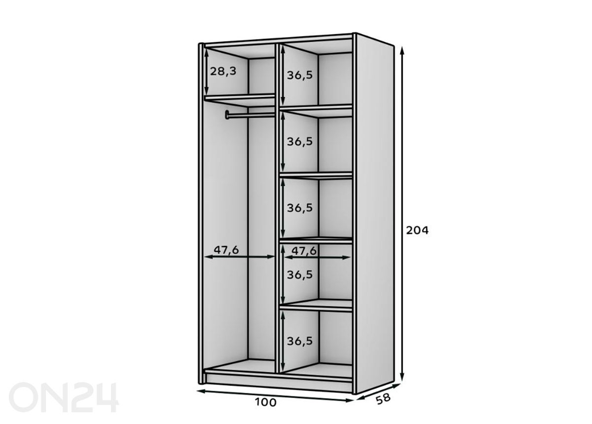 Vaatekaappi Alera II 100 cm kuvasuurennos mitat