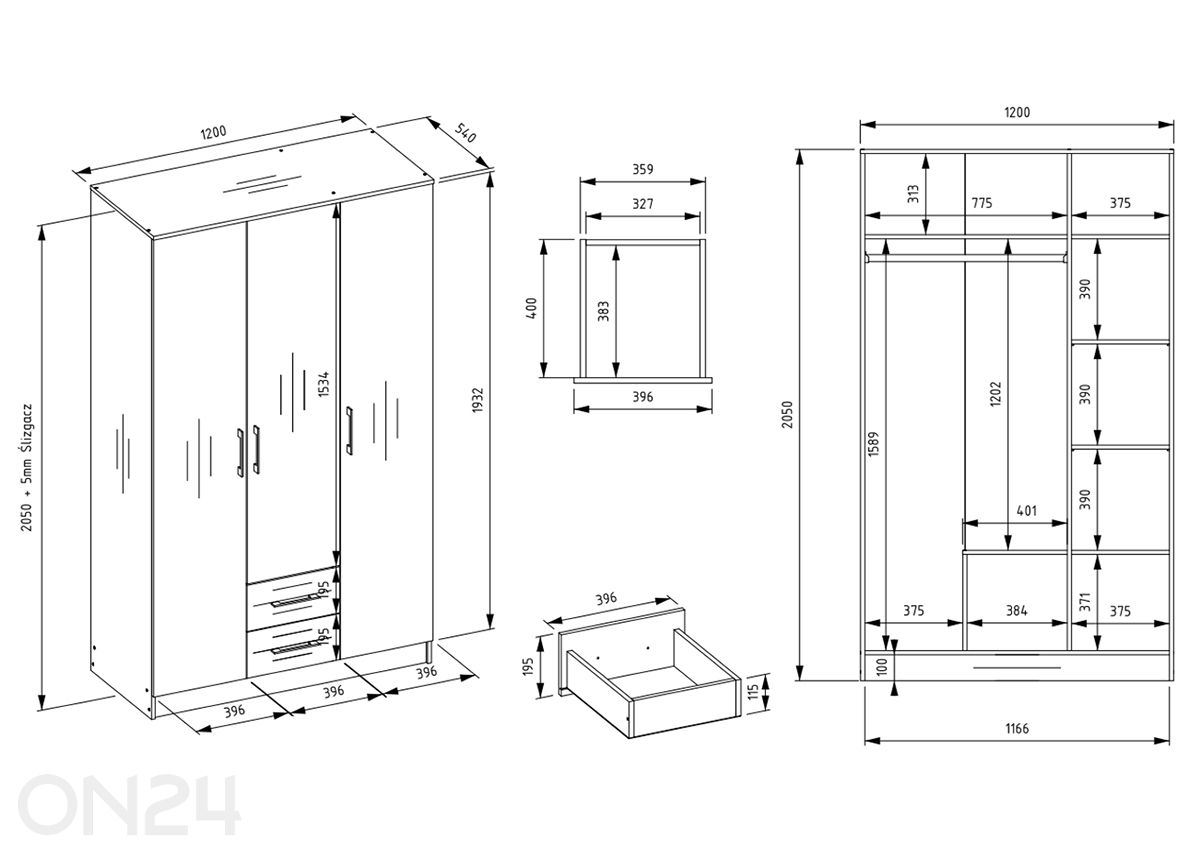 Vaatekaappi Domek 120 cm kuvasuurennos mitat