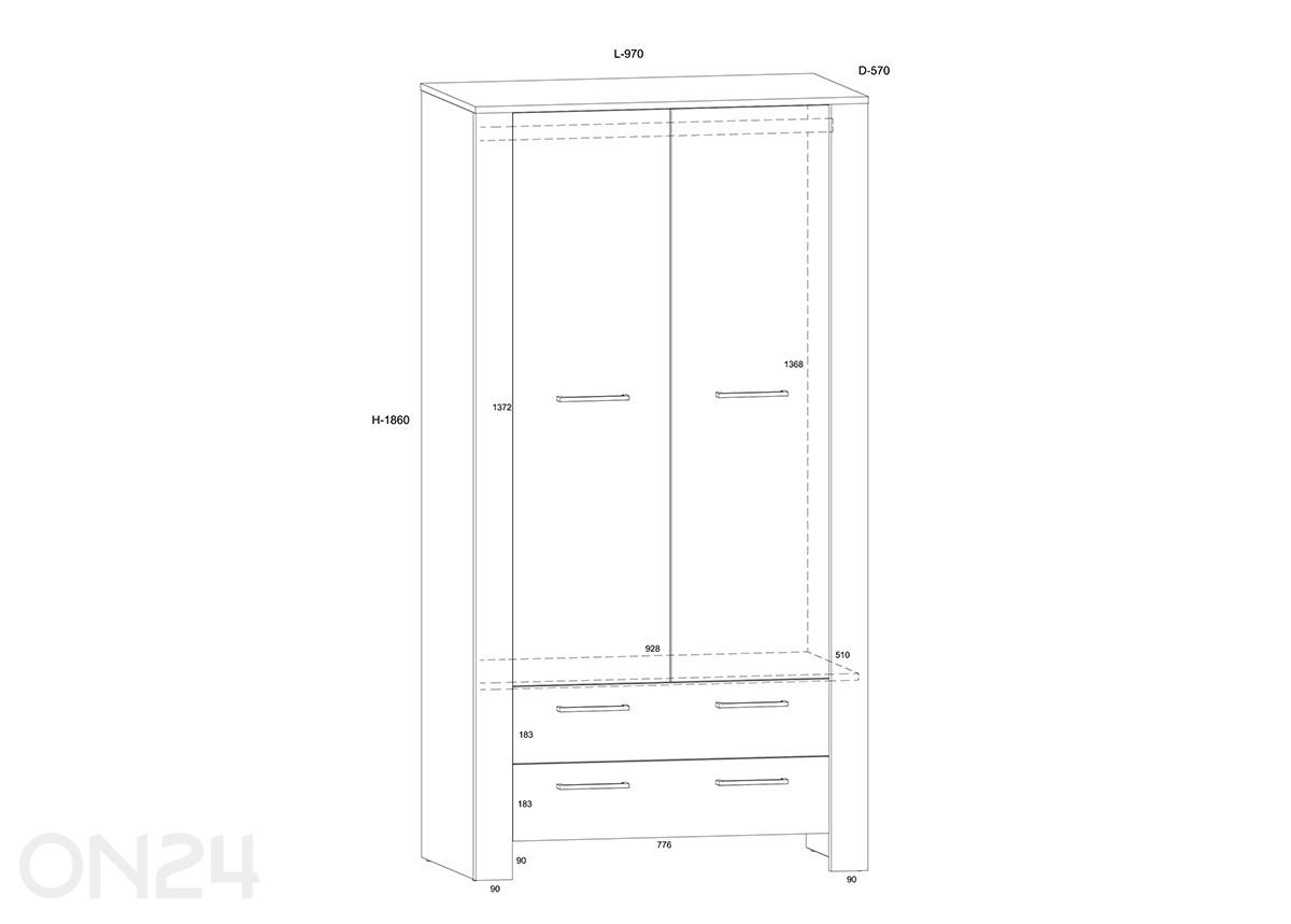 Vaatekaappi / eteiskaappi Slide 97 cm kuvasuurennos mitat