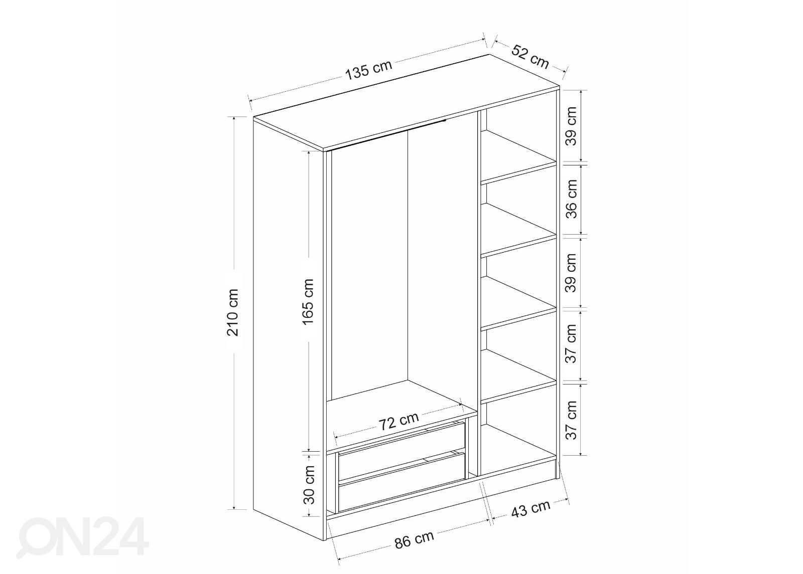Vaatekaappi Glass 135 cm kuvasuurennos mitat