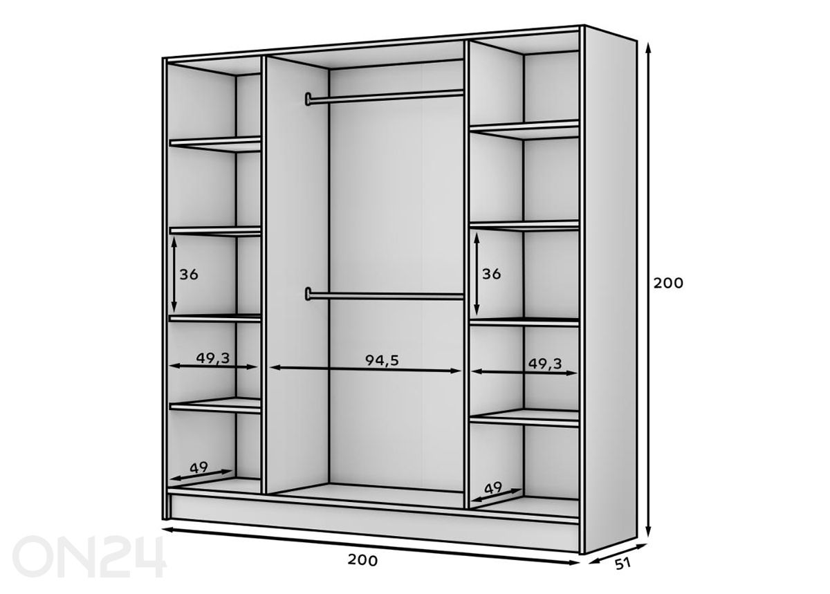 Vaatekaappi Palladio 200 cm kuvasuurennos mitat