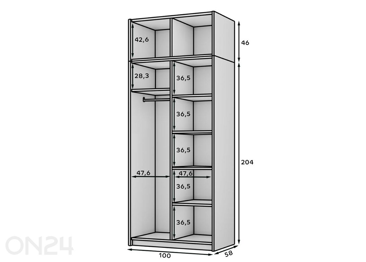 Vaatekaappi peilillä Alera II 100 cm kuvasuurennos mitat
