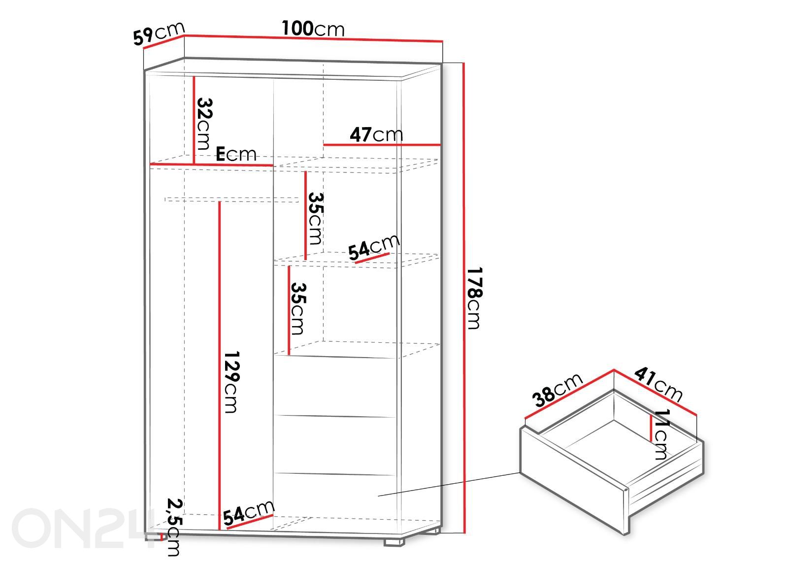 Vaatekaappi peilillä Gesita 100 cm kuvasuurennos mitat