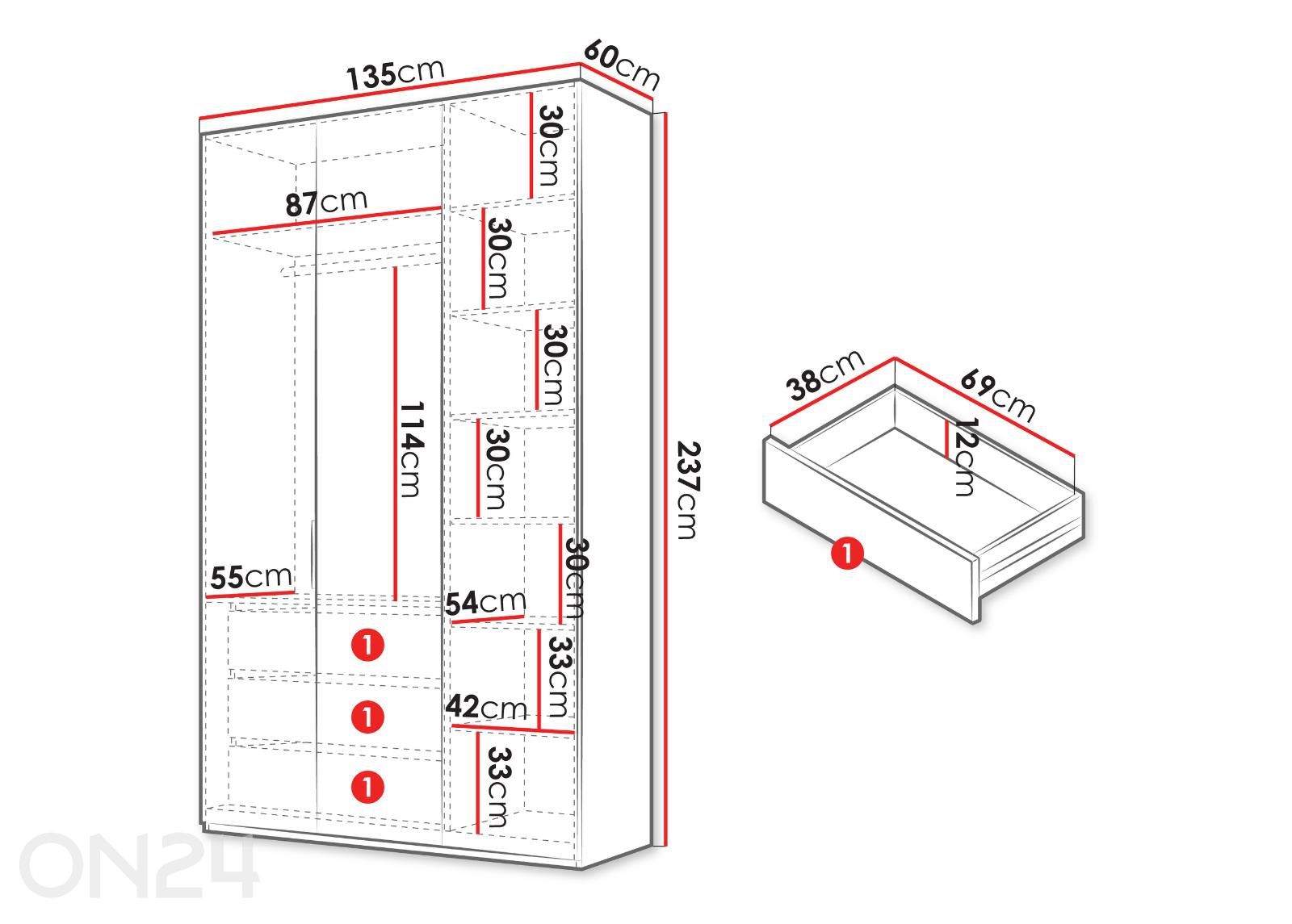 Vaatekaappi Soreno 135 cm kuvasuurennos mitat