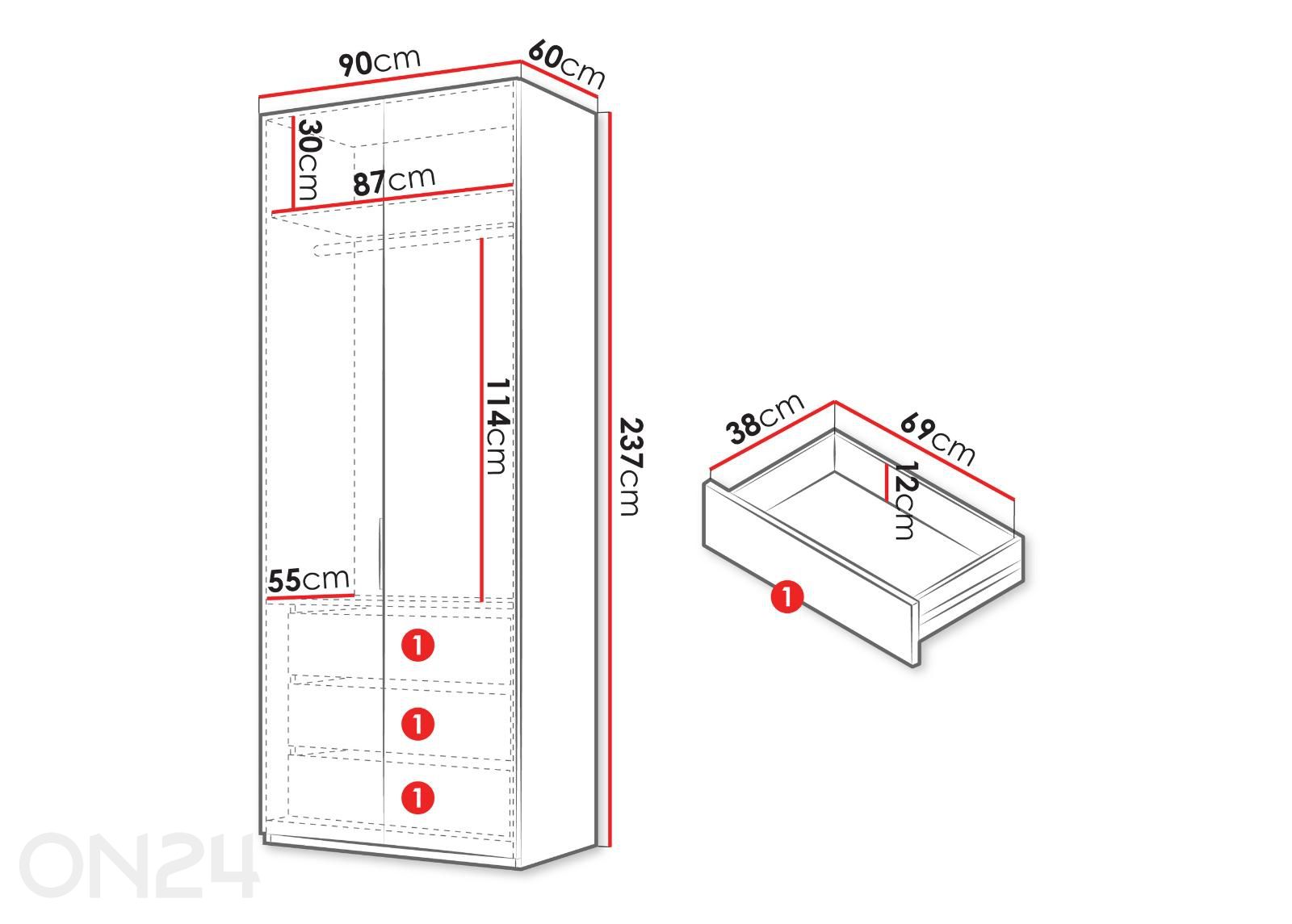 Vaatekaappi Soreno 90 cm kuvasuurennos mitat