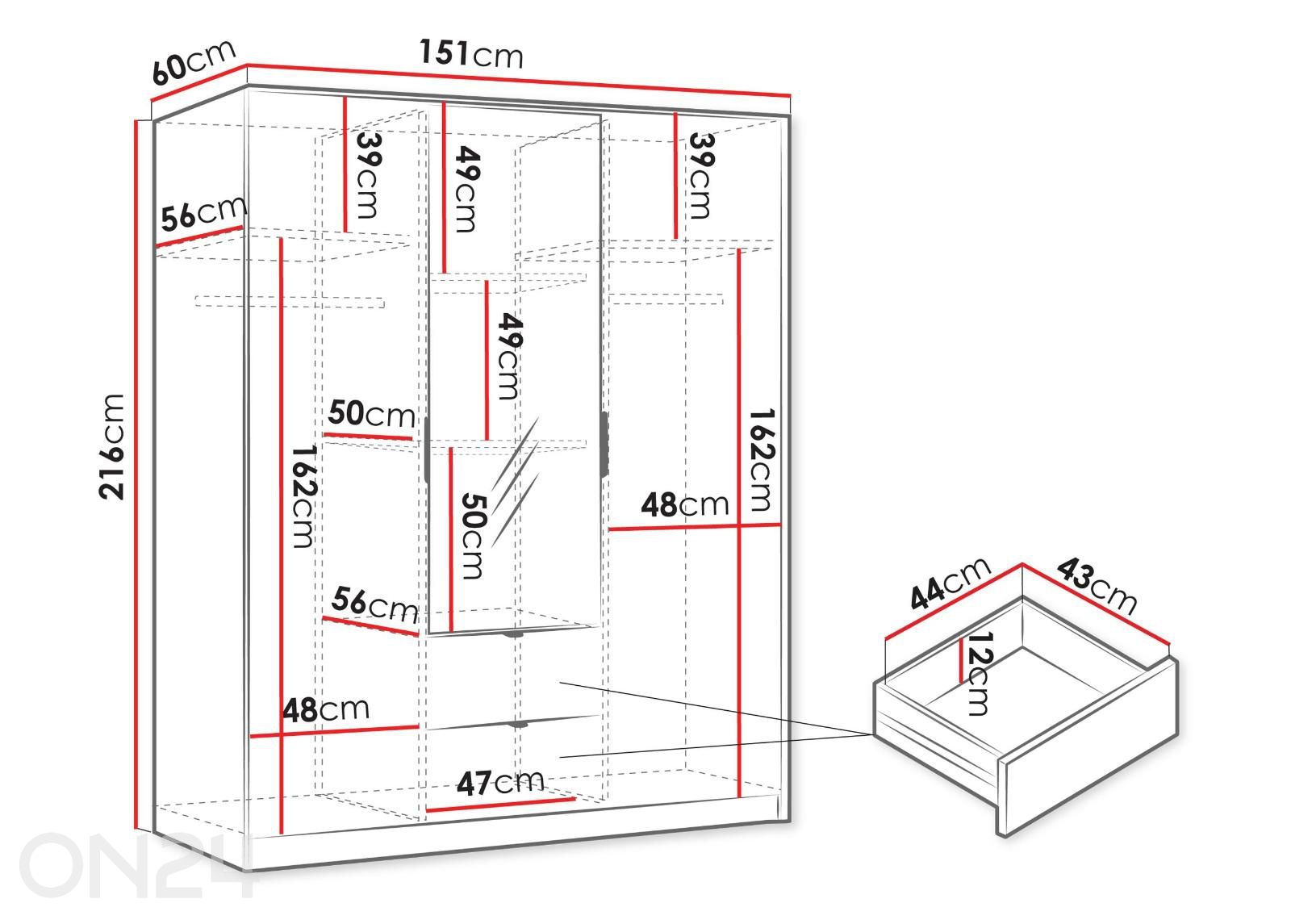 Vaatekaappi Tireno 151 cm kuvasuurennos mitat