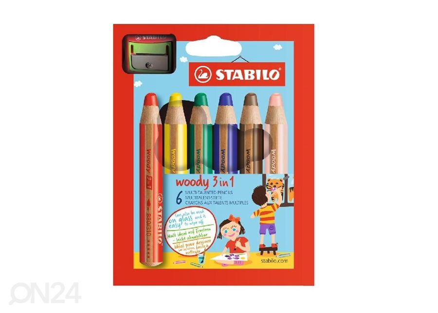 Värikynät STABILO WOODY+teroitin 6 väriä kuvasuurennos