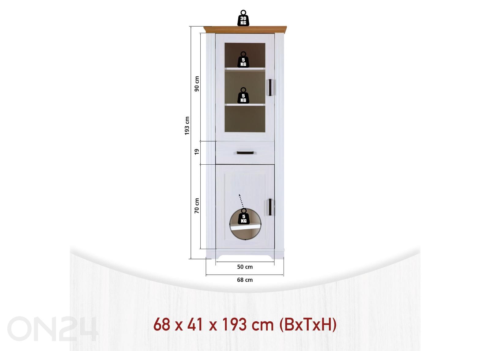 Vitriinikaappi Maluno 68x193 cm kuvasuurennos mitat