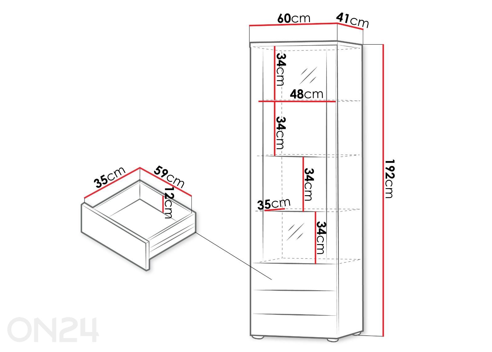 Vitriinikaappi Soho 60 cm + LED kuvasuurennos mitat