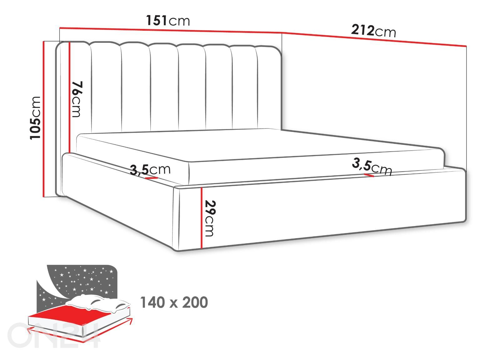 Voodiraam Nox 140x200 cm kuvasuurennos mitat