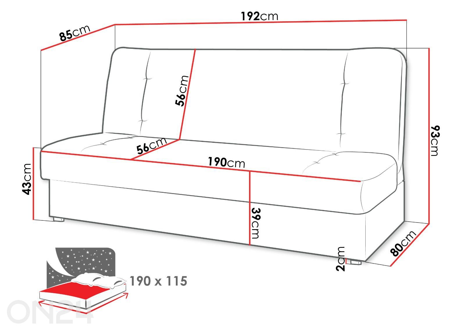 Vuodesohva Marino kuvasuurennos mitat