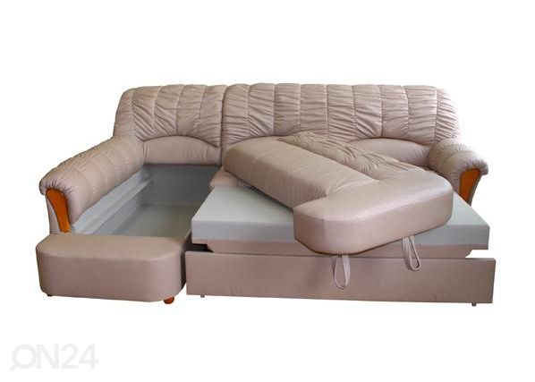 Nahka kulmavuodesohva vuodevaatelaatikolla