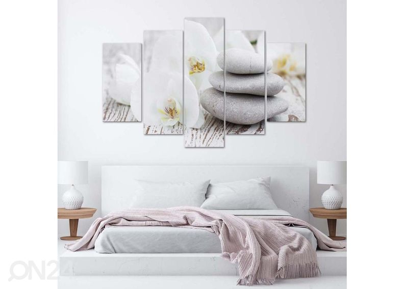 5-osainen sisustustaulu White zen orchid and stones 150x100 cm kuvasuurennos